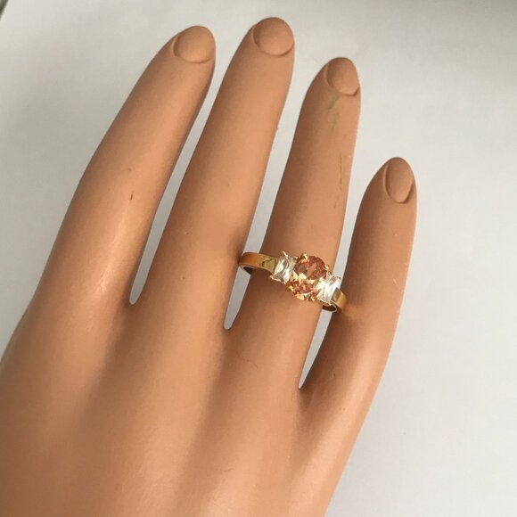 Peach Cubic Zirconia Solitaire Ring Dainty Yellow Gold Plated Size 10 Faux Topaz - Picture 3 of 11